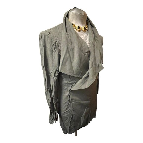 F21 Women Medium Army Green Lagenlook Blazer Cardigan Open Front Waterfall Work - Picture 8 of 13